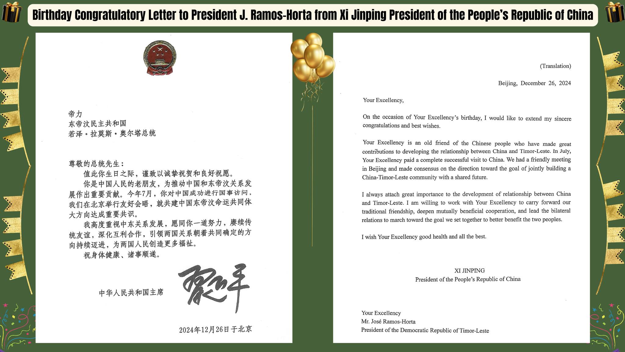 Prezidente Xina hato’o kompromisu kontinua apoia dezenvolvimentu Timor-Leste