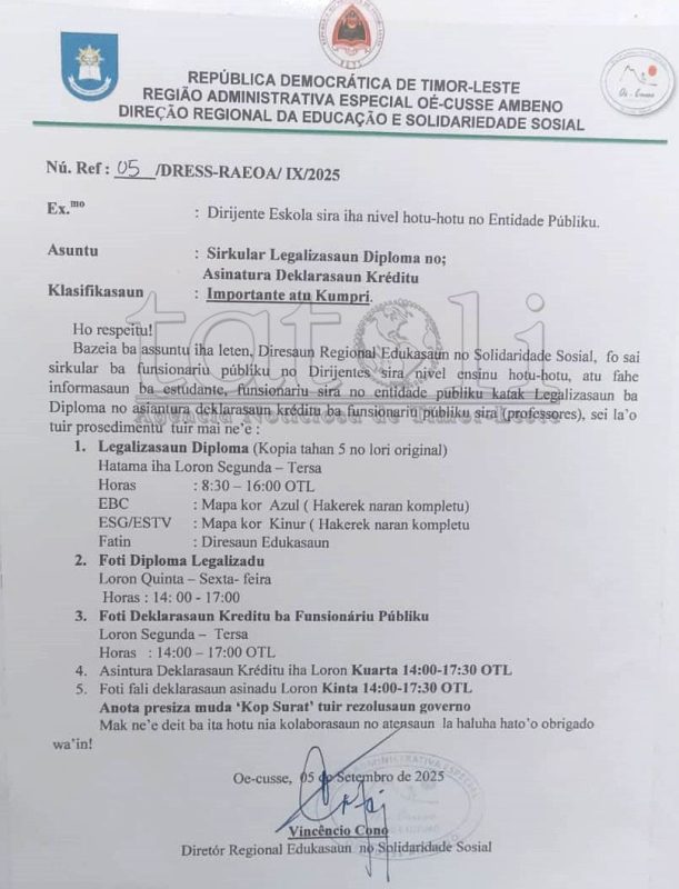 Edukasaun Oekusi emite sirkulár regula legalizasaun diploma no deklarasaun kréditu