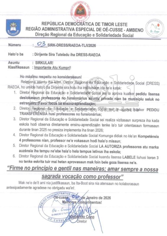 Edukasaun Oekusi hasai sirkulár husu ensinu hotu inklui funsionáriu atu kumpre