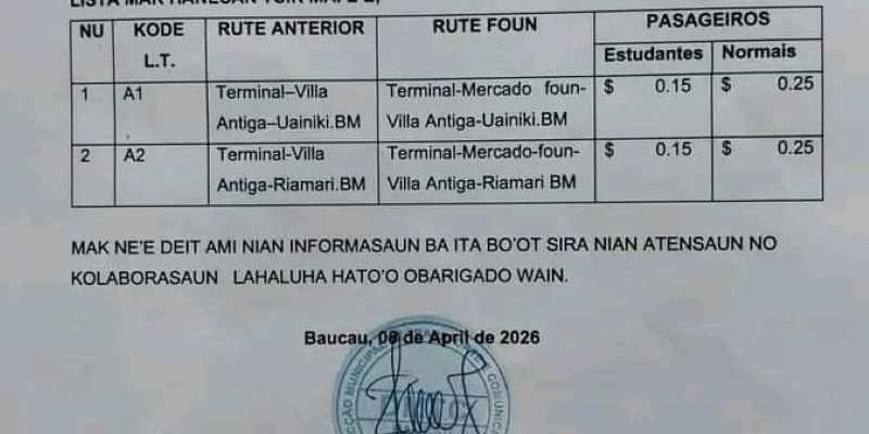 DNTT Baukau mantein tarifa transporte públiku