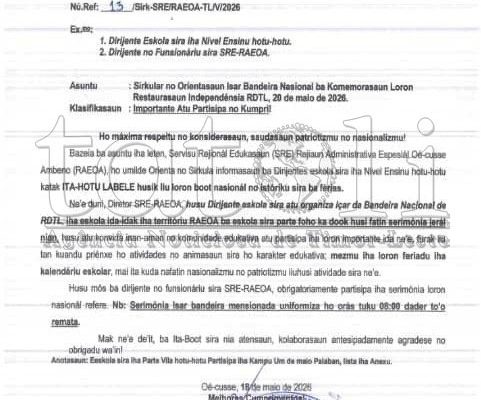 Edukasaun Oekusi emite sirkulár: Eskola hotu partisipa komemorasaun Loron Restaurasaun Independénsia 20 Maiu