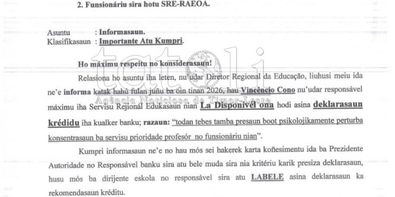 Edukasaun Oekusi sei la disponível asina deklarasaun kréditu ba funsionáriu sira