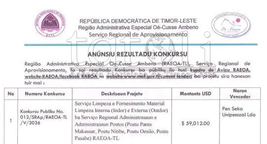 RAEOA anúnsia ona rezultadu empreza manan-na’in ba servisu limpeza